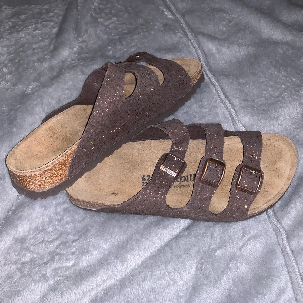 Papillio by Birkenstock Florida 3-strap brown glitter sandals RARE
